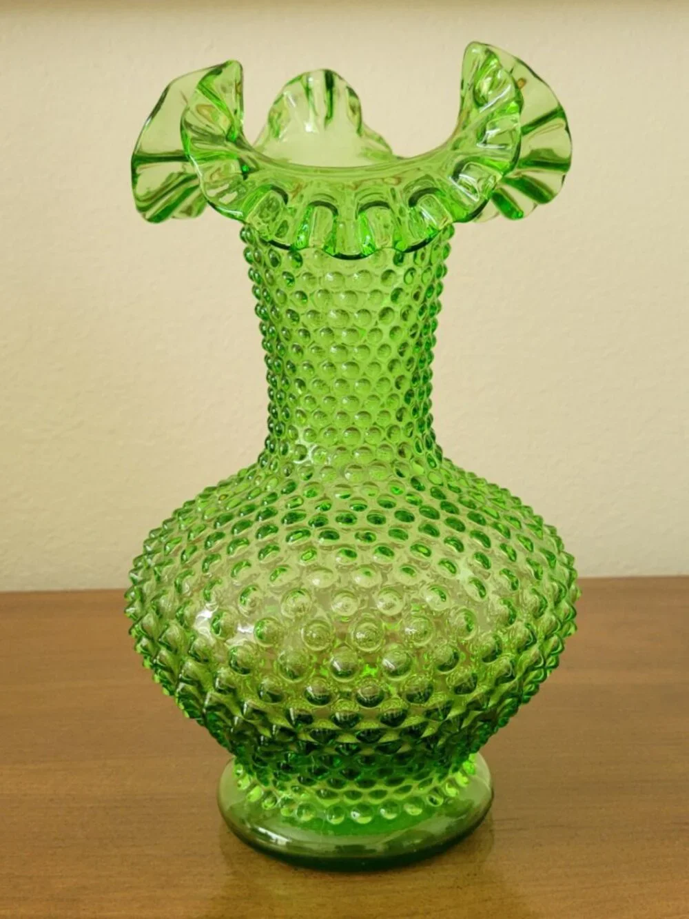 Vintage Fenton Green Hobnail Ruffled Vase 11” Art Glass Signed USA